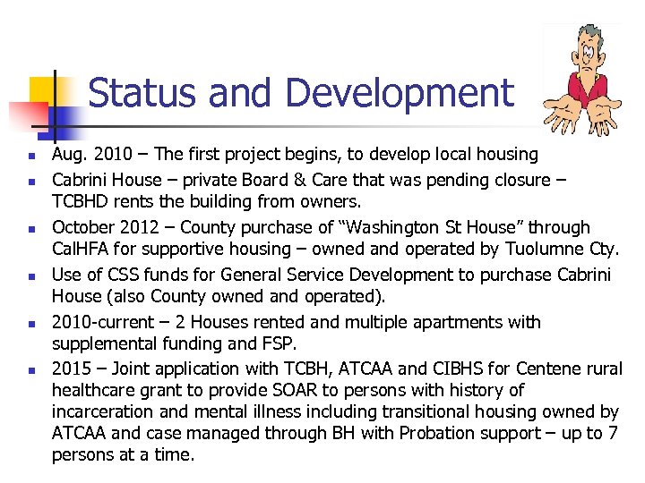 Status and Development n n n Aug. 2010 – The first project begins, to