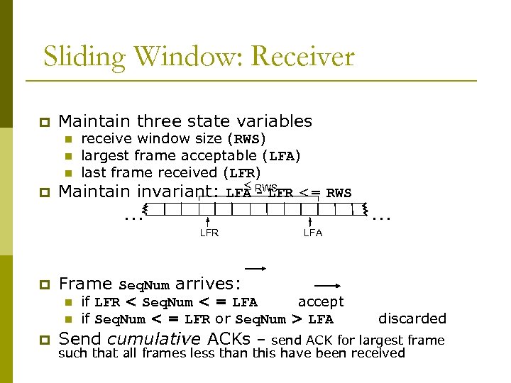 Sliding Window: Receiver p Maintain three state variables receive window size (RWS) n largest