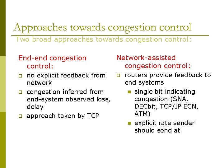 Approaches towards congestion control Two broad approaches towards congestion control: End-end congestion control: p