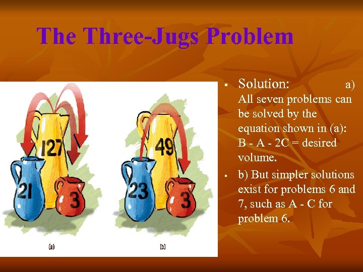 The Three-Jugs Problem § § Solution: a) All seven problems can be solved by