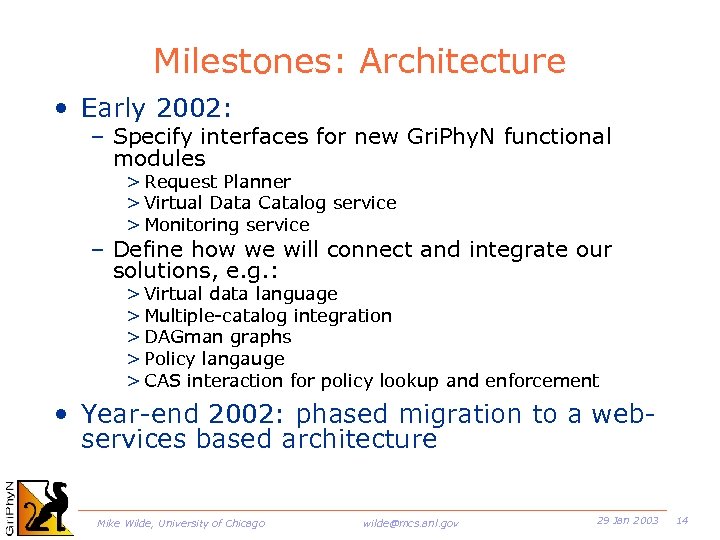 Milestones: Architecture • Early 2002: – Specify interfaces for new Gri. Phy. N functional