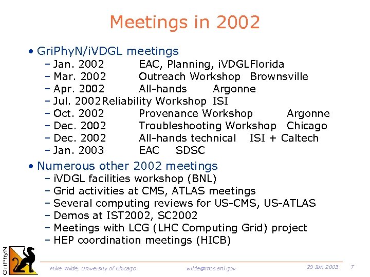Meetings in 2002 • Gri. Phy. N/i. VDGL meetings – Jan. 2002 EAC, Planning,