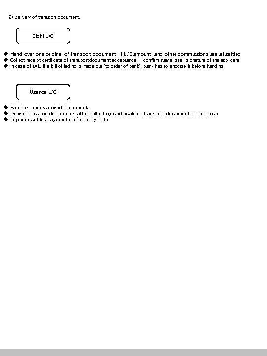 2) Delivery of transport 2) 운송서류의 인도 document. Sight L/C ◆ Hand over one