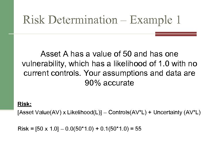 Risk Determination – Example 1 Asset A has a value of 50 and has