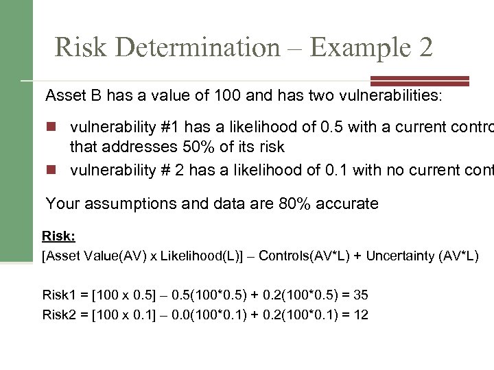 Risk Determination – Example 2 Asset B has a value of 100 and has