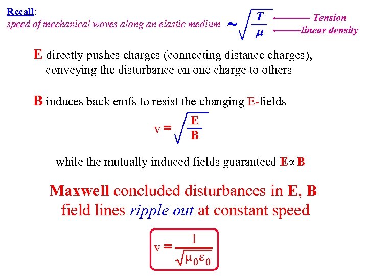 Recall: speed of mechanical waves along an elastic medium ~ T m Tension linear