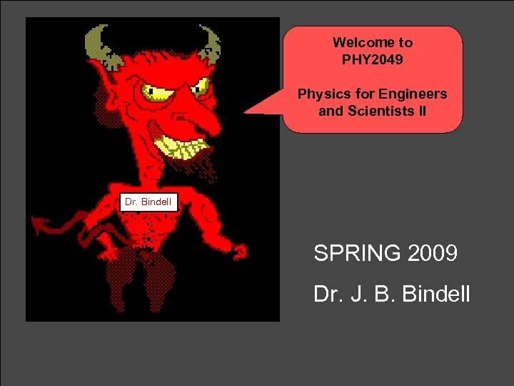 Welcome to PHY 2049 Physics for Engineers and Scientists II Dr. Bindell SPRING 2009