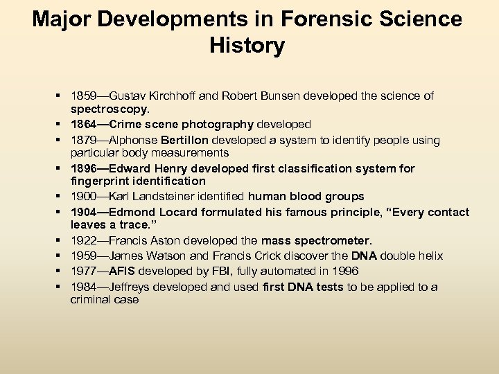 Major Developments in Forensic Science History § 1859—Gustav Kirchhoff and Robert Bunsen developed the