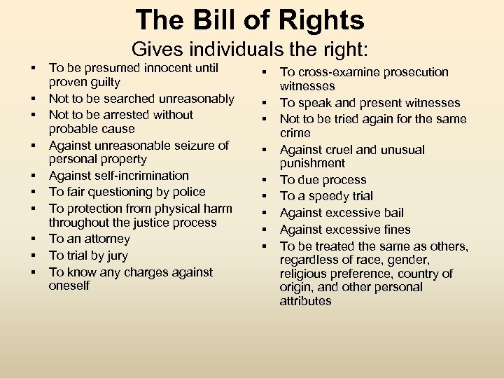 The Bill of Rights Gives individuals the right: § § § § § To