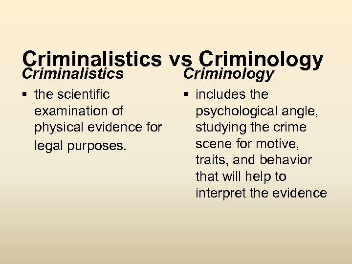 Criminalistics vs Criminology Criminalistics Criminology § the scientific examination of physical evidence for legal