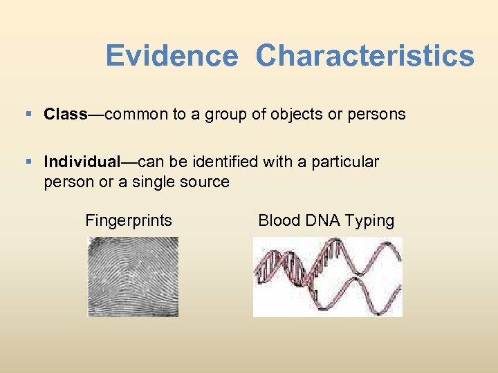 Evidence Characteristics § Class—common to a group of objects or persons § Individual—can be