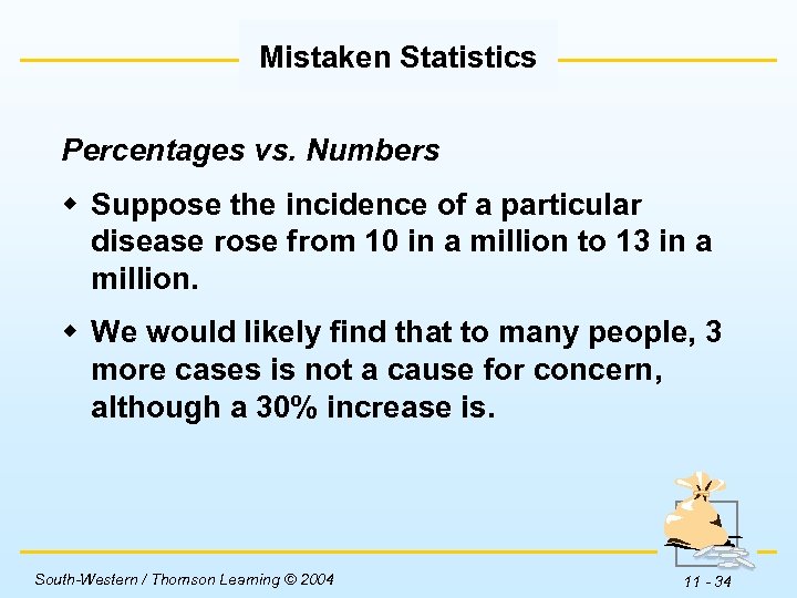 Mistaken Statistics Percentages vs. Numbers w Suppose the incidence of a particular disease rose