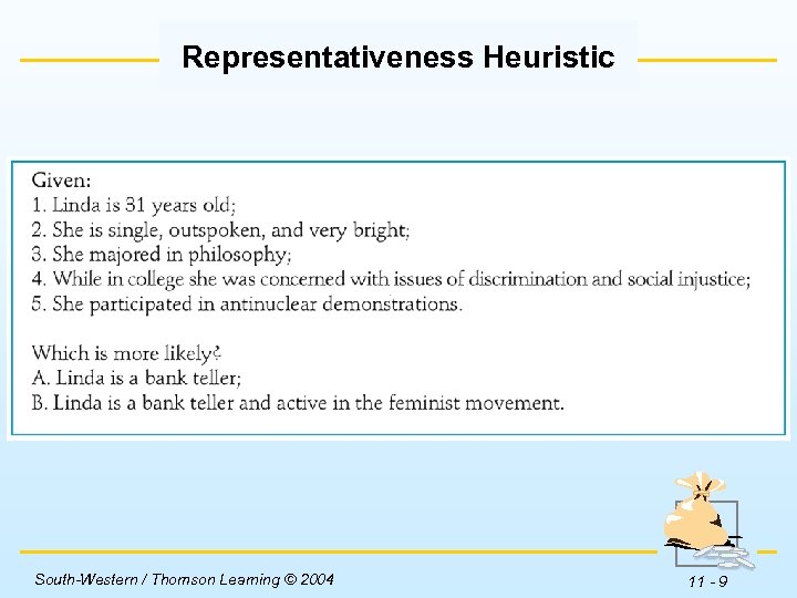 Representativeness Heuristic Insert Table 11 -1 here. South-Western / Thomson Learning © 2004 11