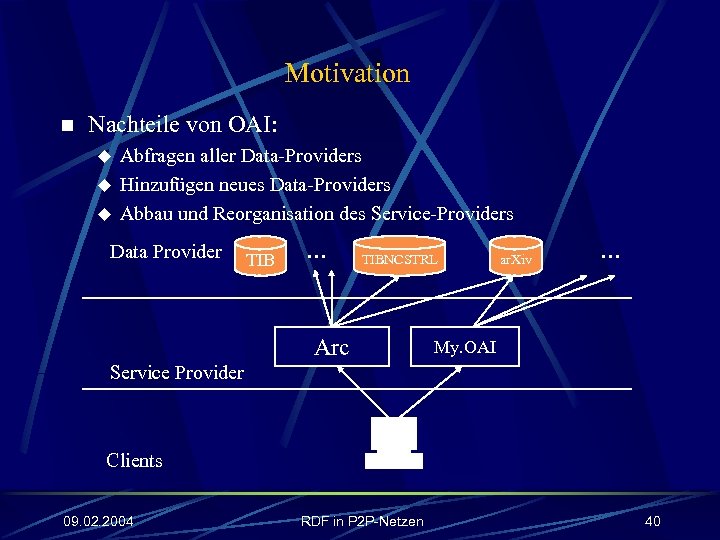 Motivation n Nachteile von OAI: u u u Abfragen aller Data-Providers Hinzufügen neues Data-Providers