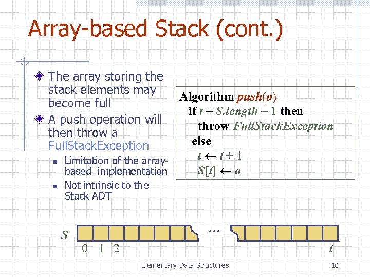 Array-based Stack (cont. ) The array storing the stack elements may become full A