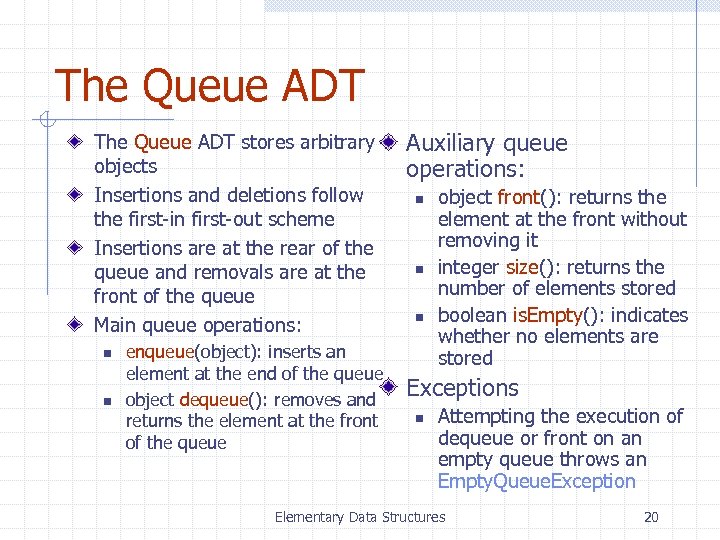 The Queue ADT stores arbitrary objects Insertions and deletions follow the first-in first-out scheme