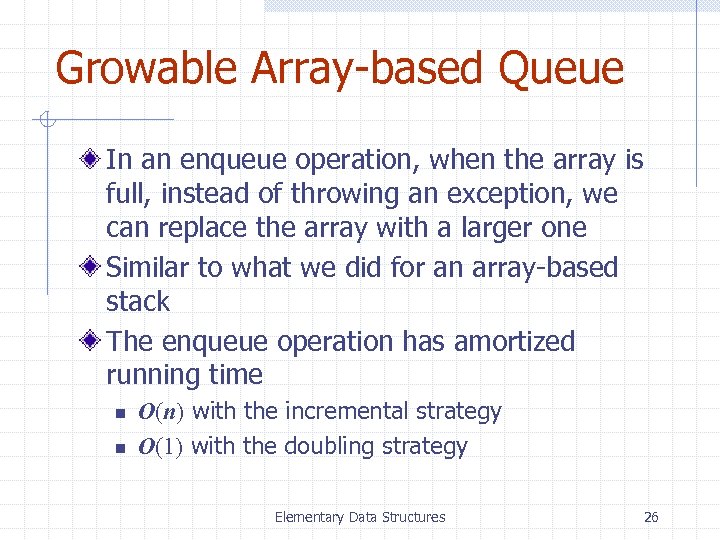 Growable Array-based Queue In an enqueue operation, when the array is full, instead of