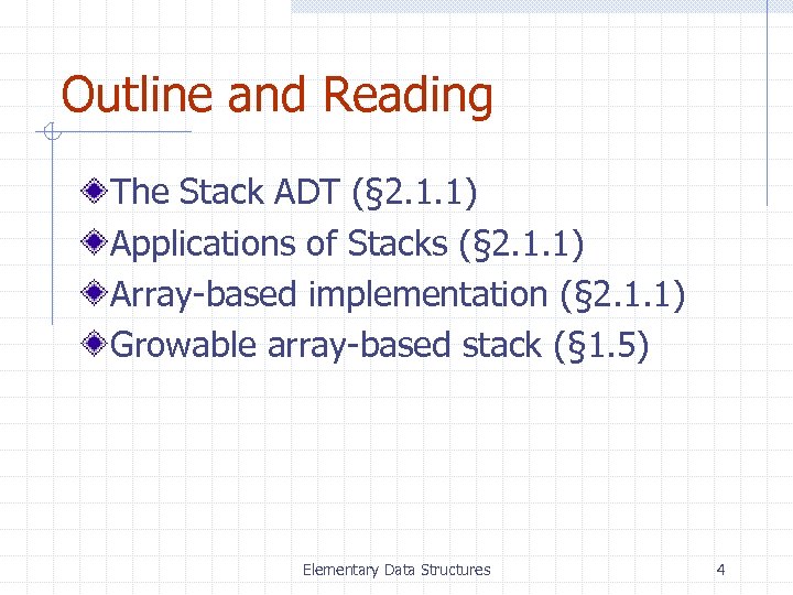 Outline and Reading The Stack ADT (§ 2. 1. 1) Applications of Stacks (§