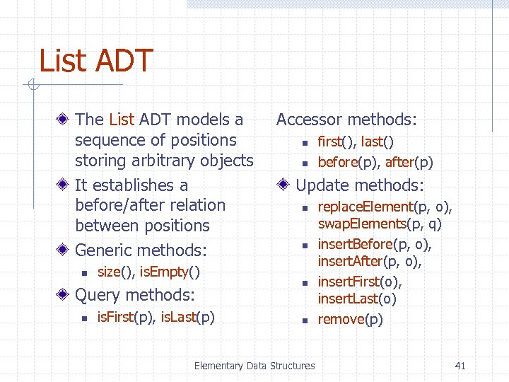 List ADT The List ADT models a sequence of positions storing arbitrary objects It