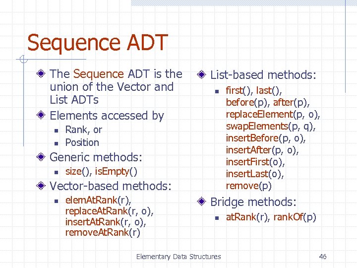 Sequence ADT The Sequence ADT is the union of the Vector and List ADTs