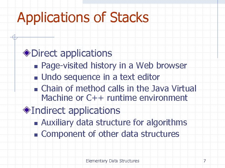 Applications of Stacks Direct applications n n n Page-visited history in a Web browser