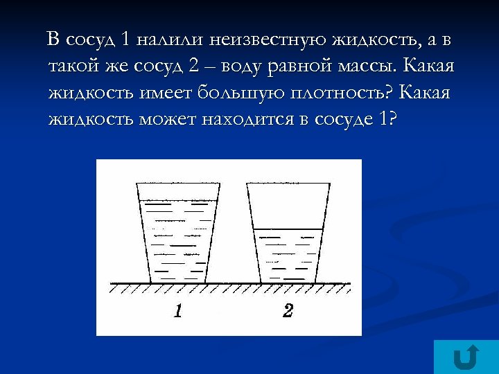 В сосуд 1 налили неизвестную жидкость, а в такой же сосуд 2 – воду