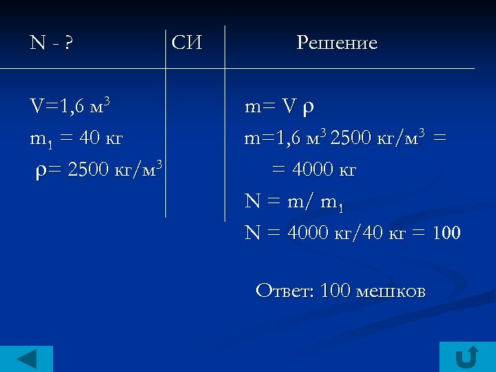 N-? V=1, 6 м 3 m 1 = 40 кг = 2500 кг/м 3