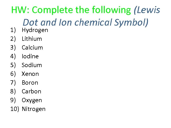 HW: Complete the following (Lewis Dot and Ion chemical Symbol) 1) 2) 3) 4)