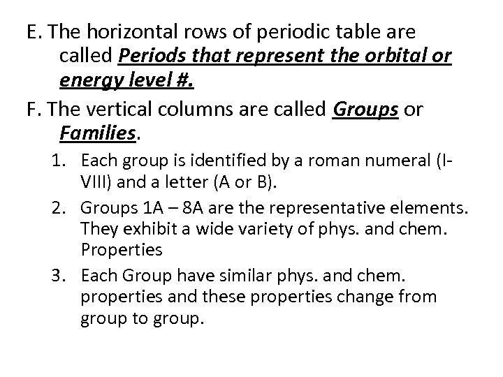 E. The horizontal rows of periodic table are called Periods that represent the orbital
