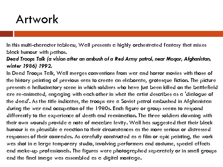 Artwork In this multi-character tableau, Wall presents a highly orchestrated fantasy that mixes black