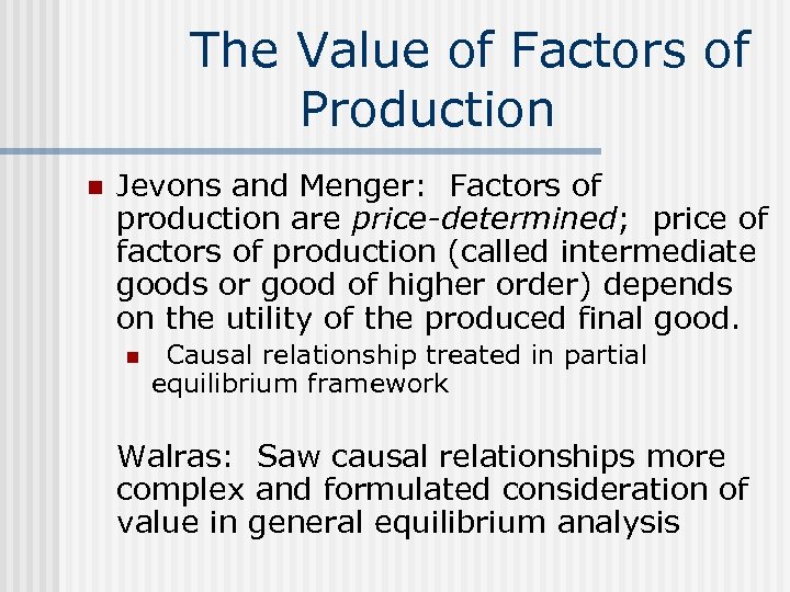  The Value of Factors of Production n Jevons and Menger: Factors of production