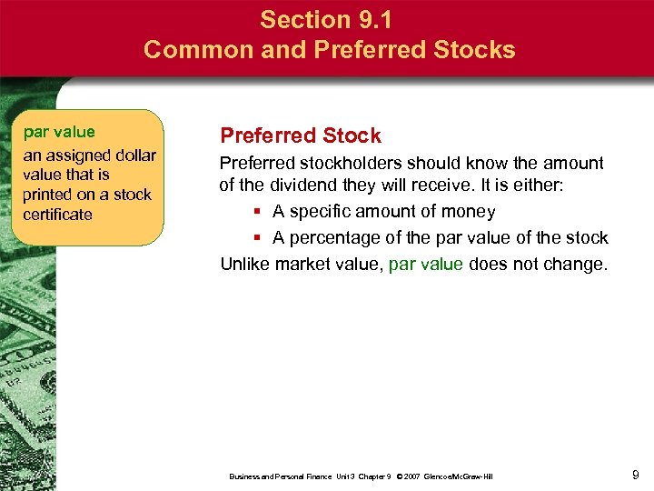 Section 9. 1 Common and Preferred Stocks par value an assigned dollar value that