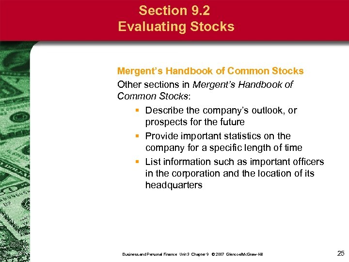 Section 9. 2 Evaluating Stocks Mergent’s Handbook of Common Stocks Other sections in Mergent’s