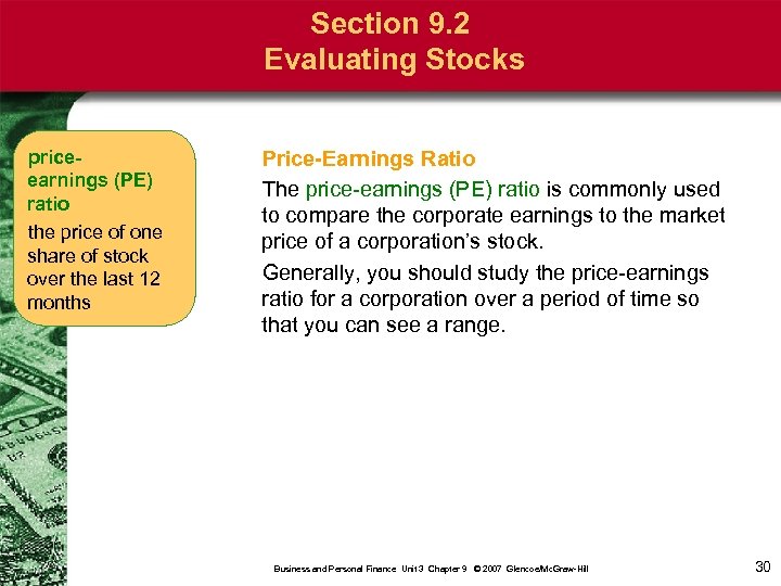Section 9. 2 Evaluating Stocks priceearnings (PE) ratio the price of one share of