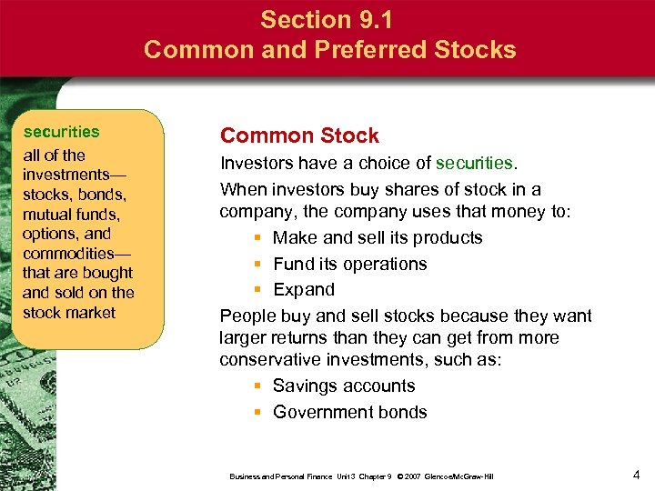 Section 9. 1 Common and Preferred Stocks securities all of the investments— stocks, bonds,