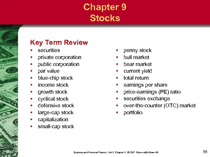 Chapter 9 Stocks Key Term Review § § § securities private corporation public corporation