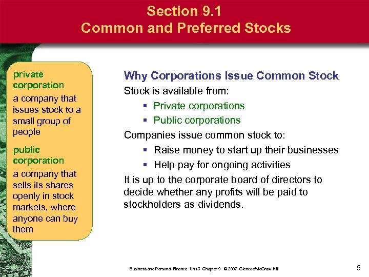 Section 9. 1 Common and Preferred Stocks private corporation a company that issues stock
