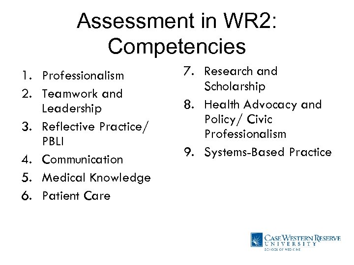 WR 2 Competencies Assessment in WR 2: Competencies 1. Professionalism 2. Teamwork and Leadership