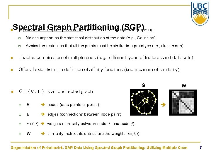 Spectral Graph Partitioning central grouping A pair-wise grouping technique: an alternative to (SGP) n