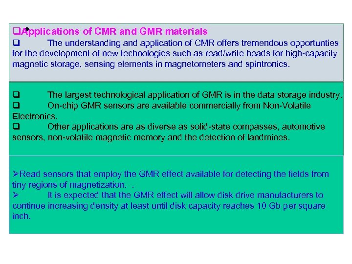  • q. Applications of CMR and GMR materials q The understanding and application