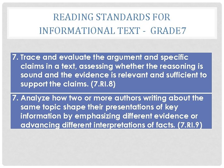READING STANDARDS FOR INFORMATIONAL TEXT - GRADE 7 7. Trace and evaluate the argument