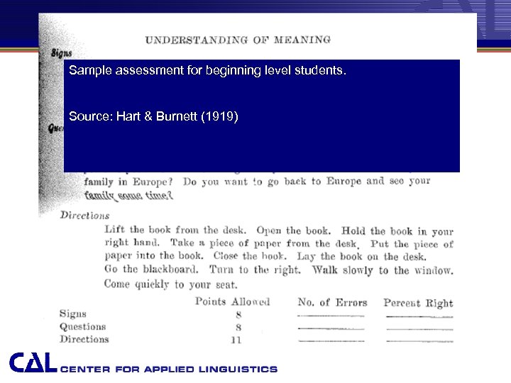 Sample assessment for beginning level students. Source: Hart & Burnett (1919) 
