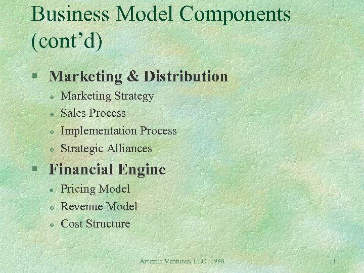 Business Model Components (cont’d) § Marketing & Distribution v v Marketing Strategy Sales Process