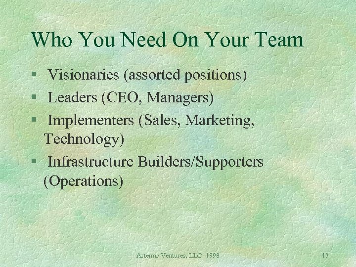 Who You Need On Your Team § Visionaries (assorted positions) § Leaders (CEO, Managers)