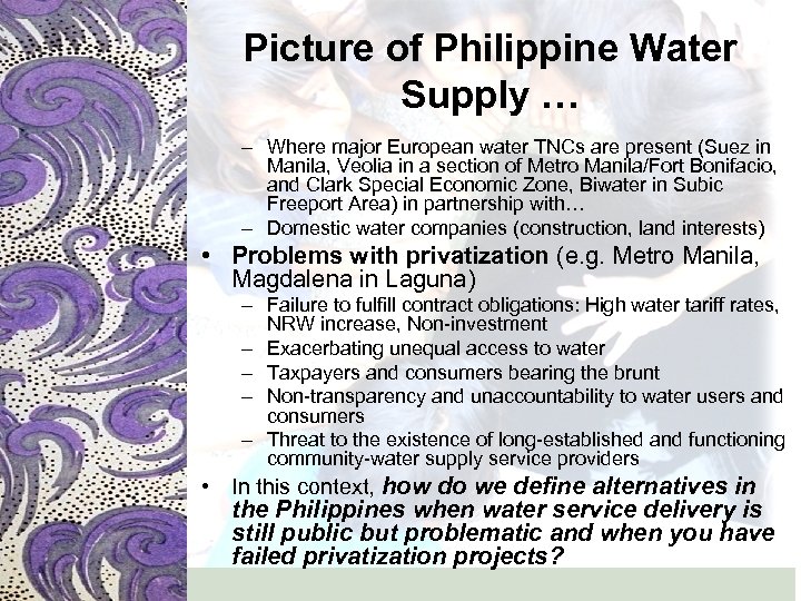 Picture of Philippine Water Supply … – Where major European water TNCs are present