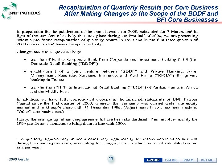 Recapitulation of Quarterly Results per Core Business After Making Changes to the Scope of