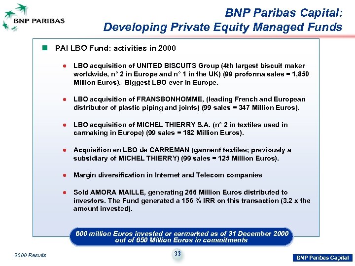 BNP Paribas Capital: Developing Private Equity Managed Funds n PAI LBO Fund: activities in