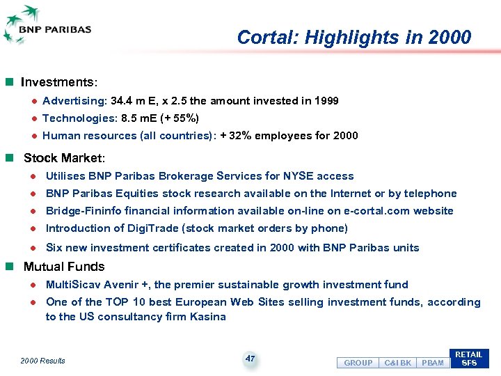 Cortal: Highlights in 2000 n Investments: l Advertising: 34. 4 m E, x 2.