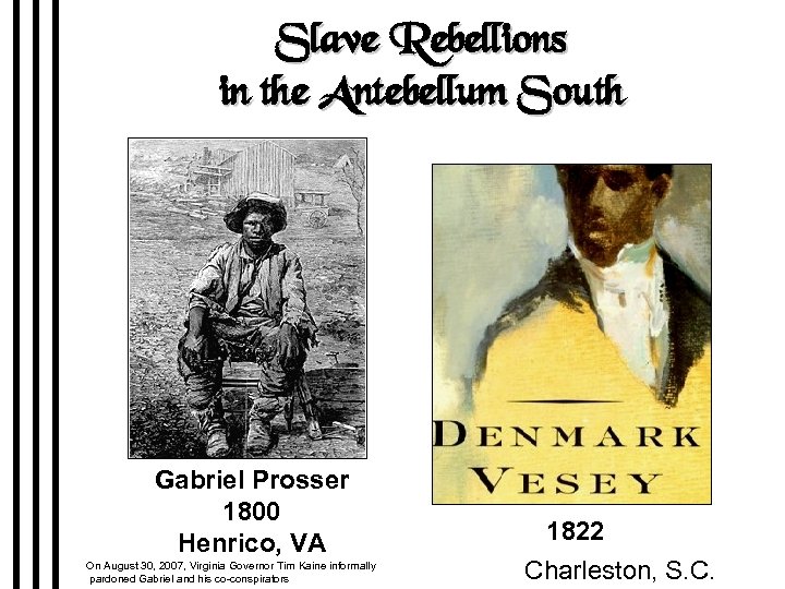 Slave Rebellions in the Antebellum South Gabriel Prosser 1800 Henrico, VA On August 30,