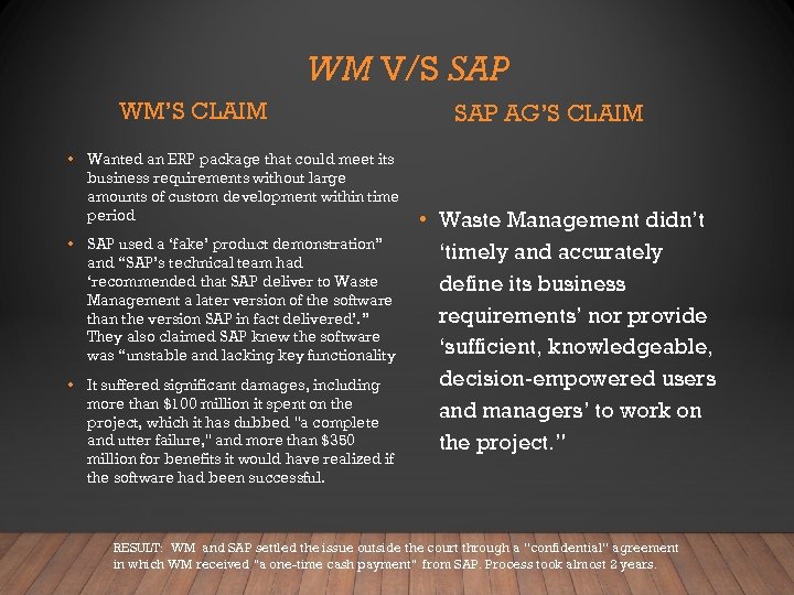 WM V/S SAP WM’S CLAIM • Wanted an ERP package that could meet its